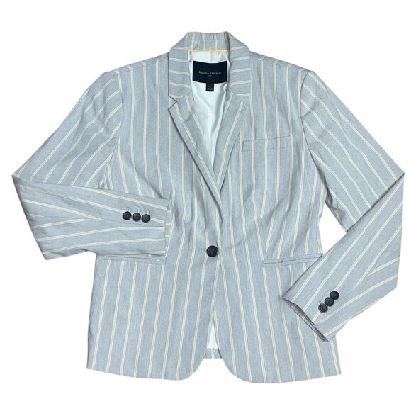 Banana Republic Women's Sz 2P Linen Blend Gray Yellow Striped Stretch Blazer - Picture 1 of 10